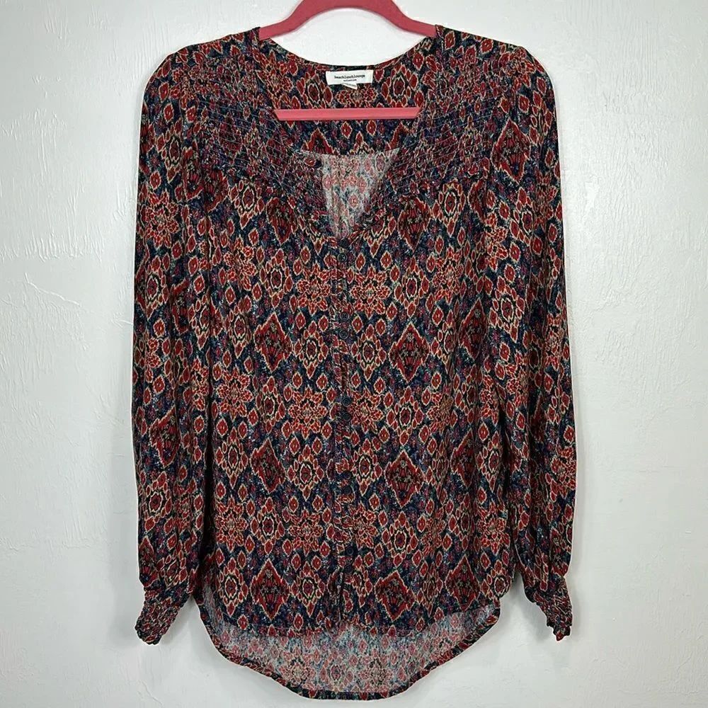 Beachlunchlounge Mosaic Print Hi-Low Hem Long Sleeve Top Blouse Size M